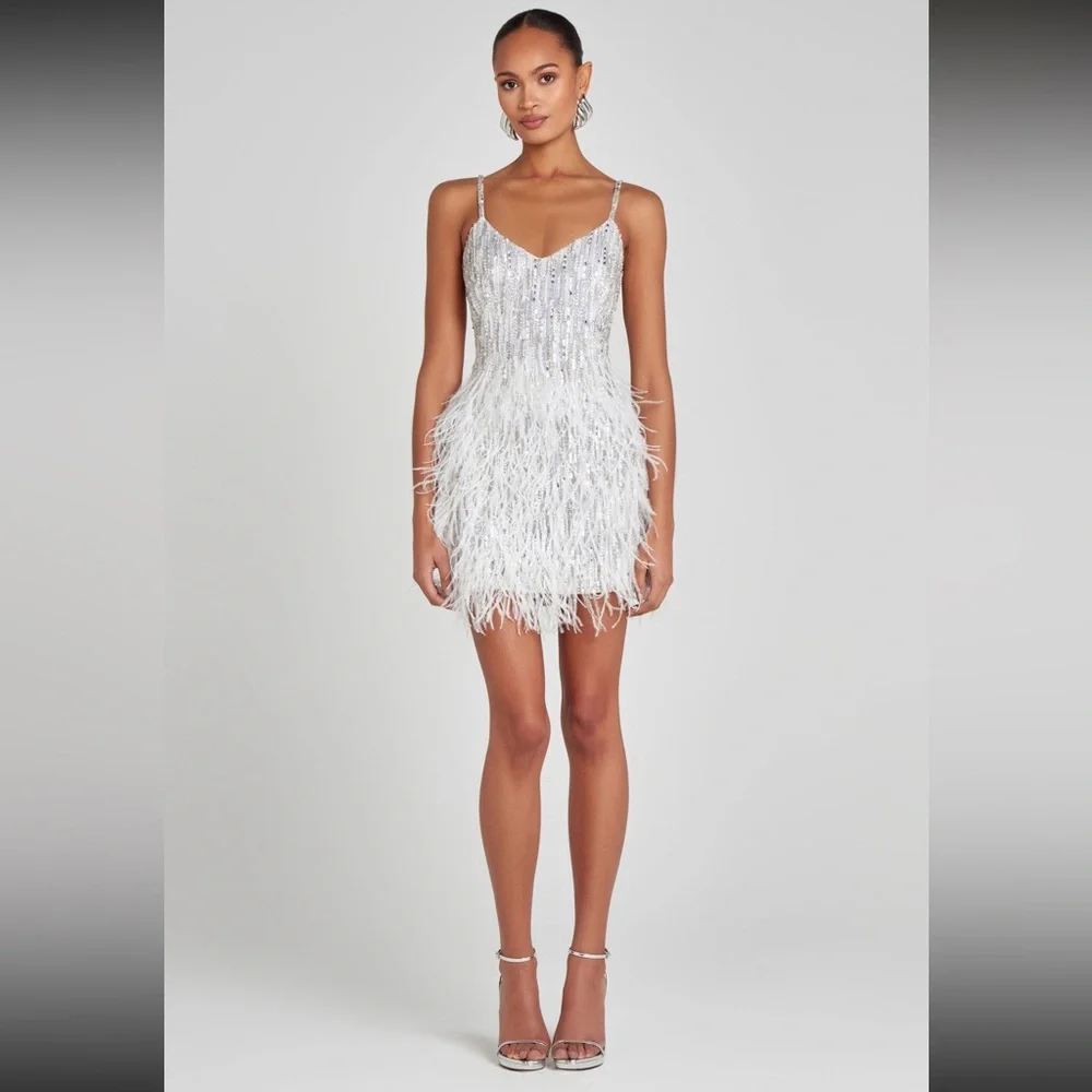 White & silver Sequin and Feather Dress - Picture 2 of 11